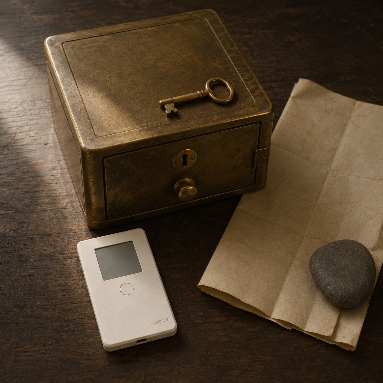 Antique brass safe-deposit box with key