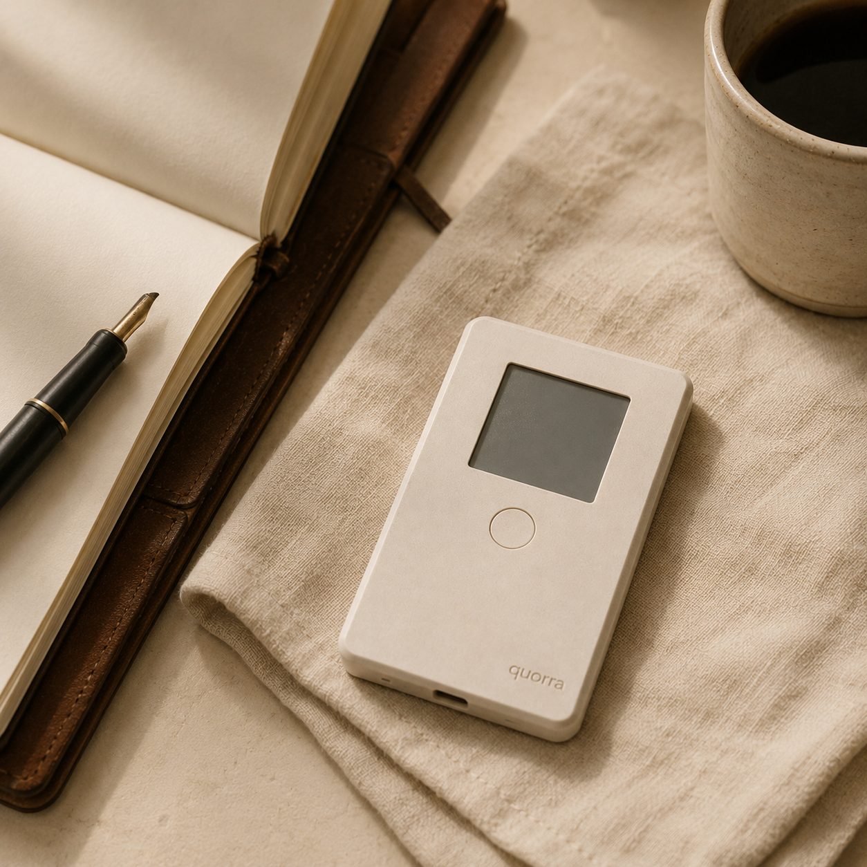Quorra device on a linen napkin