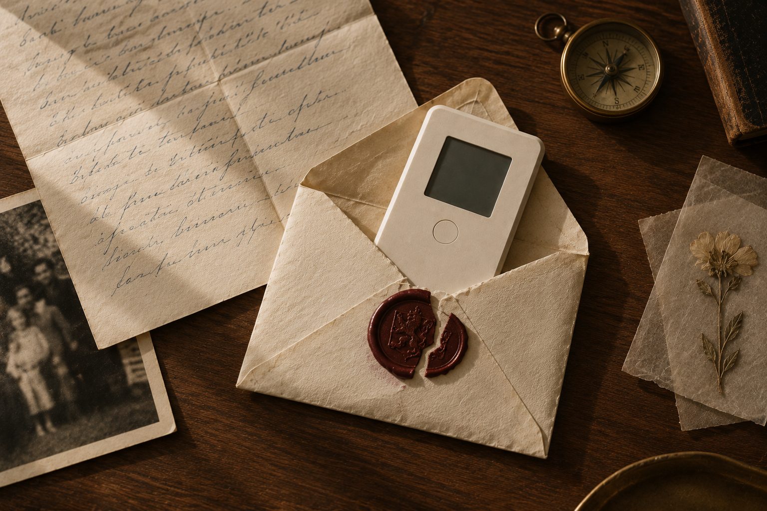 A Quorra device in a wax-sealed envelope beside a family photograph