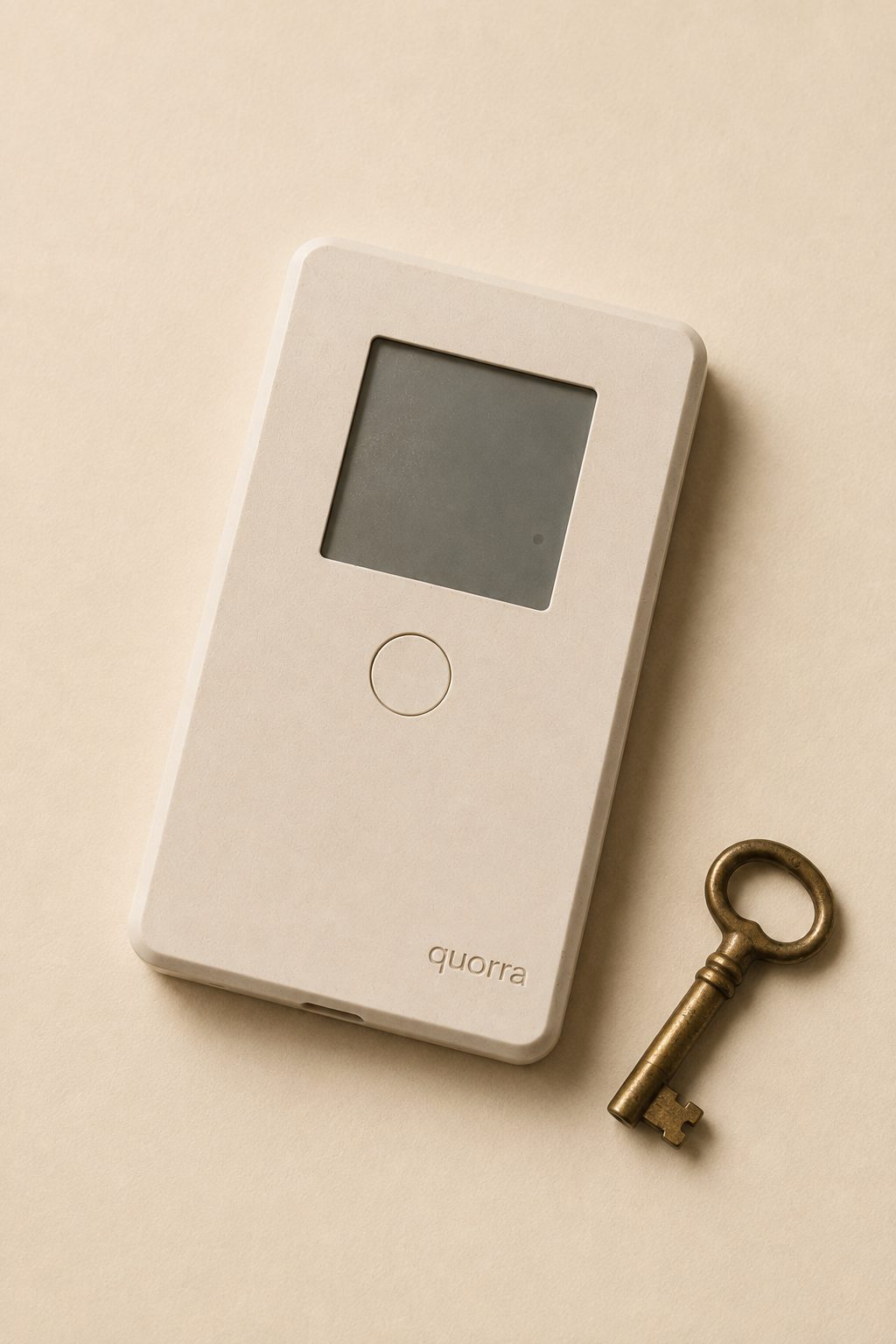 Quorra device photographed from above beside a brass key